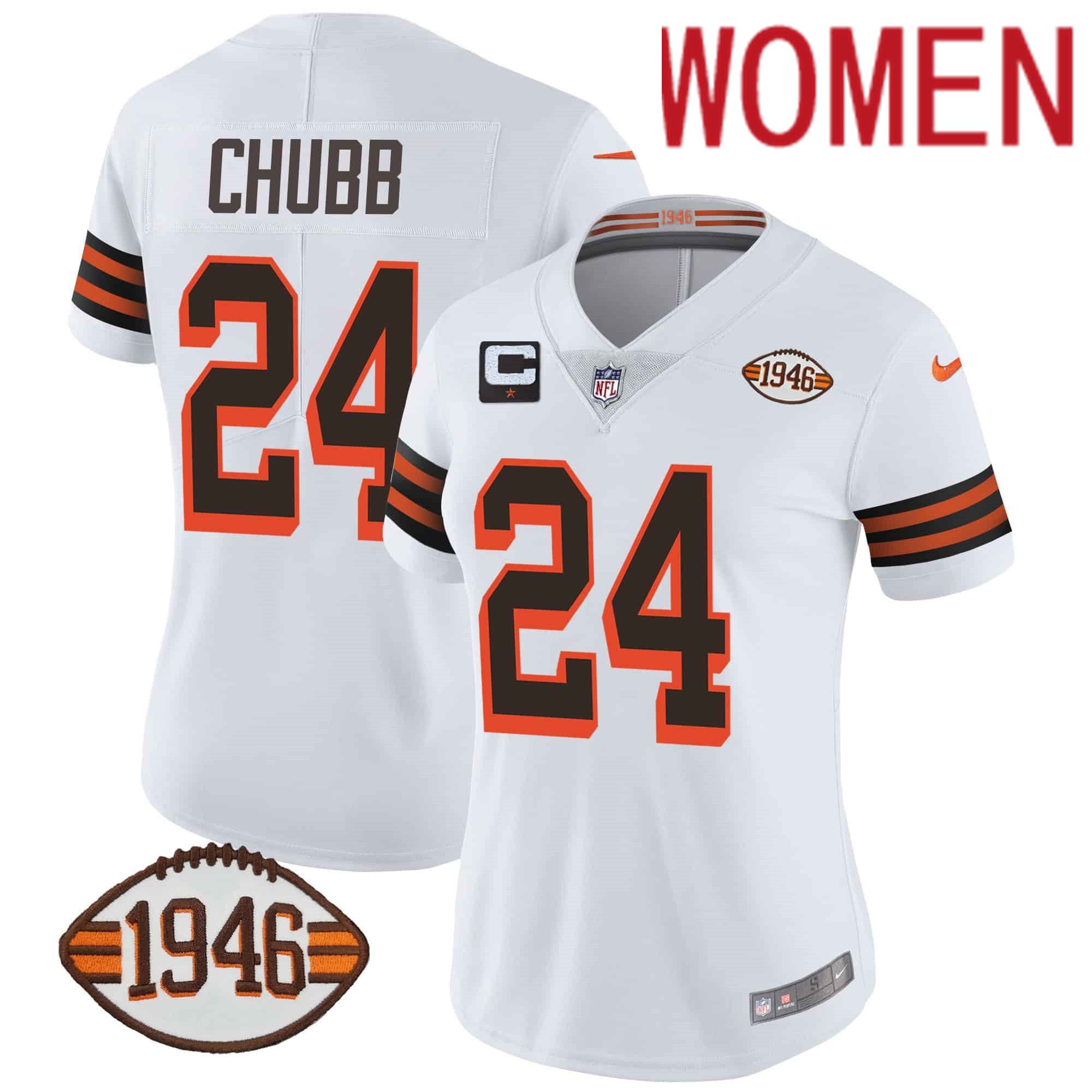 Women Cleveland Browns #24 Chubb White 1946 75th Anniversary Patch 2024 Nike NFL Jersey->women nfl jersey->Women Jersey